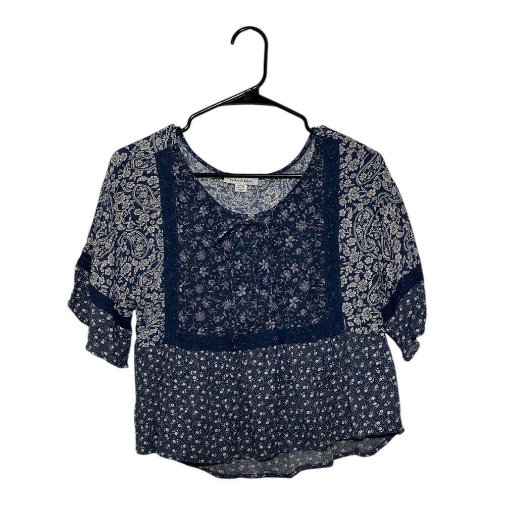 American Eagle Boho Paisley Blue Floral Lace-Up Flutter-Sleeve Blouse Size Small